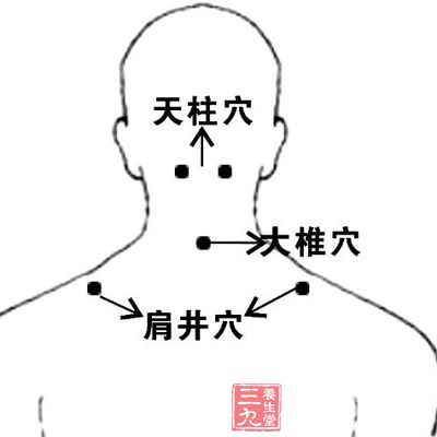 该穴在颈后正中，一个较大的骨头突起的下缘，即第七颈椎棘突的下缘