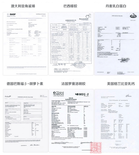 德国巴斯福β-胡萝卜素、法国罗赛洛明胶、美国格兰比亚乳钙 14