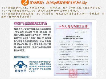 优质蜂胶：每100g蜂胶黄酮含量为5.02g