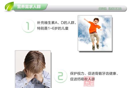 补充维生素A、D的人群,特别是1~6岁的儿童 补充维生素A、D的人群,特别是1~6岁的儿童