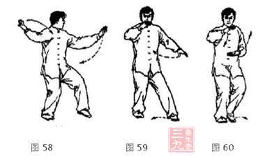 同时右用随转体向后上方划弧平举