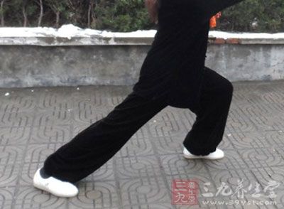 双腿前后相距一步远，前腿与后腿的膝部弯曲