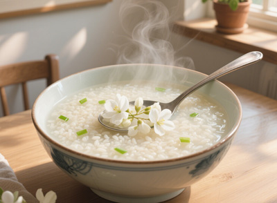 槐花粥口感軟糯，香甜可口，有很好的滋補(bǔ)作用，尤其適合老人和孩子食用