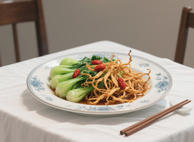 蟲草花還可以用來炒菜，與青菜、蝦仁等食材一同炒制，清爽可口