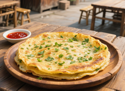 葛根粉煎餅外酥里嫩，散發(fā)著淡淡的葛根香氣和蔥香，口感豐富有層次