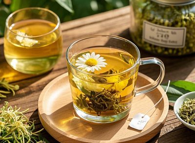 金銀花與荷葉、藿香等搭配制成的茶飲，既能清熱解暑，又可疏散風熱，帶來清爽之感