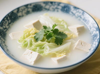 白菜豆腐湯清淡鮮美，白菜富含維生素和膳食纖維，豆腐易于消化，蝦皮補(bǔ)鈣，這道湯既能減輕胃部負(fù)擔(dān)，又能補(bǔ)充營養(yǎng)，是晚餐的理想選擇