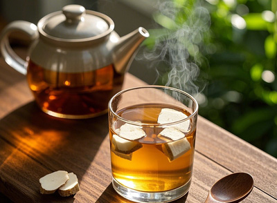將葛根洗凈后切成薄片，用開(kāi)水沖泡，燜泡幾分鐘后即可飲用